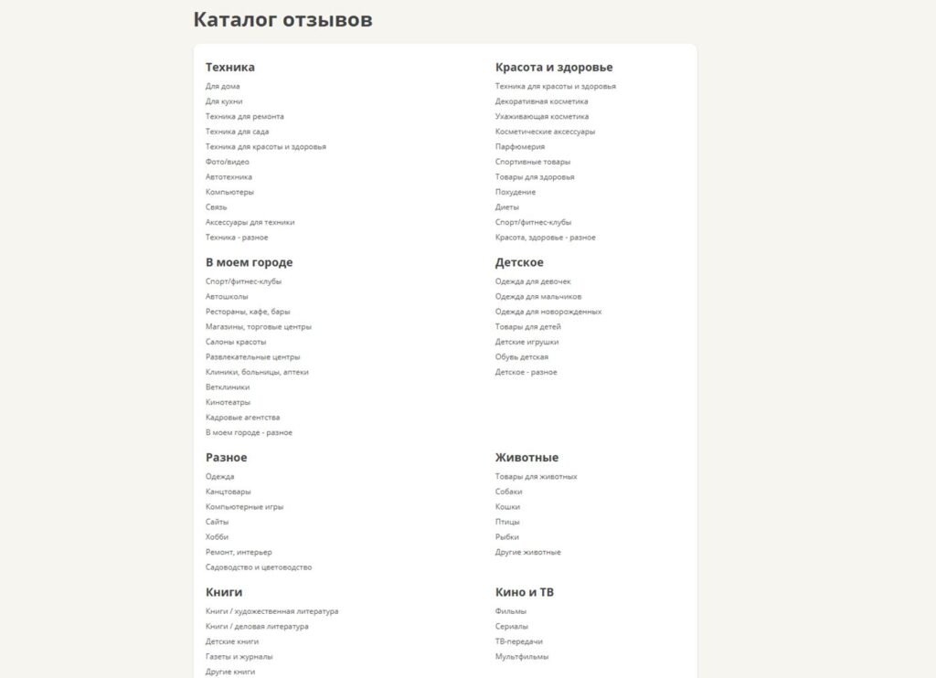 Категории отзывов на irecommend